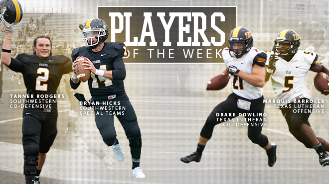 Southwestern's Rogers, Hicks; TLU's Barrolle, Dowling Named SCAC Football Players of the Week